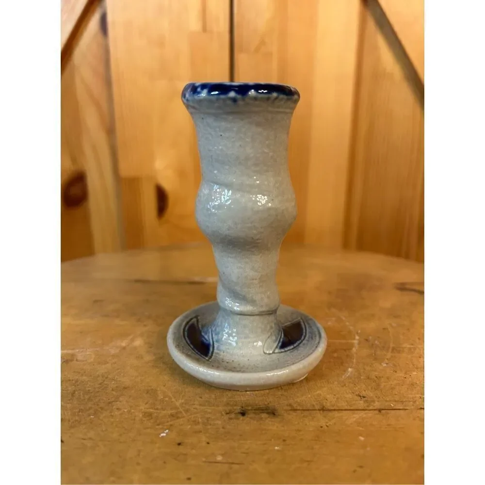 Salt Glaze Pottery Chamberstick Candle Holder with Cobalt (8186)